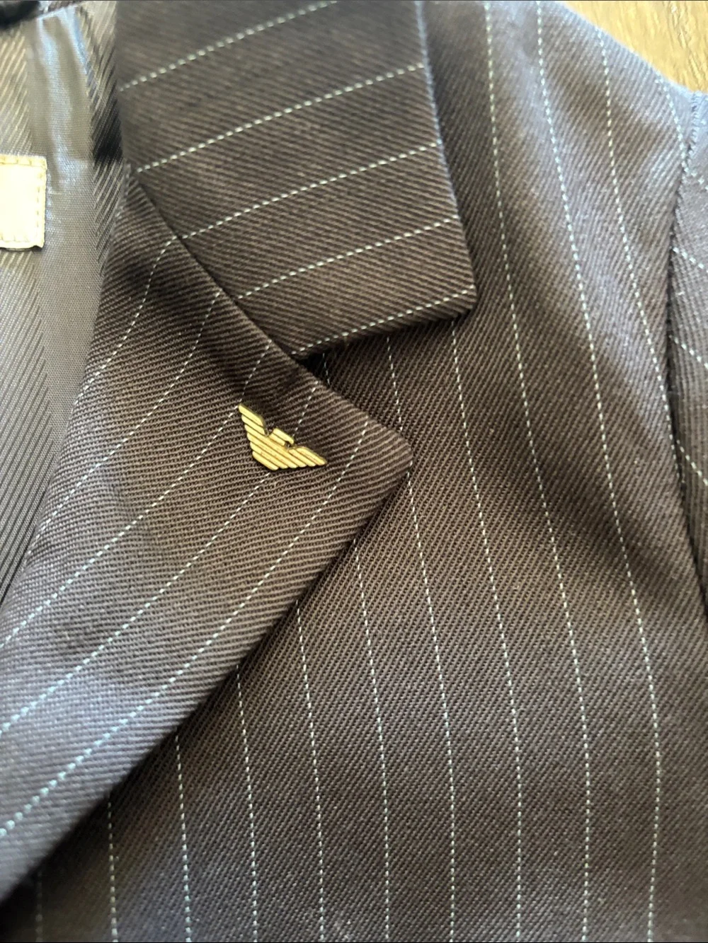 Giorgio Armani Baby Brown Pinstripe Blazer with Gold Emblem